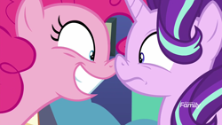 Size: 1920x1080 | Tagged: safe, screencap, pinkie pie, starlight glimmer, earth pony, pony, the maud couple, boop, discovery family logo, noseboop