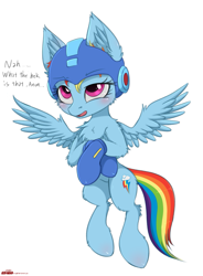 Size: 1449x1968 | Tagged: safe, artist:orang111, derpibooru import, rainbow dash, pegasus, pony, cheek fluff, chest fluff, clothes, cosplay, costume, cute, dashabetes, dialogue, ear fluff, female, fixed, fluffy, flying, helmet, implied anon, mare, megaman, offscreen character, simple background, solo, white background