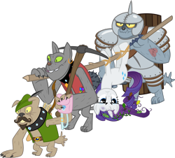Size: 3000x2706 | Tagged: safe, artist:cheezedoodle96, fido, rarity, rover, spot, diamond dog, pony, unicorn, armor, arrow, belt, bow (weapon), bruised, captured, carrying, clothes, collar, dungeons and dragons, earring, female, goatee, hat, helmet, injured, leaves, mace, mare, moustache, pickaxe, roleplaying, saddle bag, scene interpretation, shield, simple background, tattoo, transparent background, unamused, vector, vest