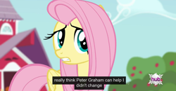 Size: 1600x830 | Tagged: safe, screencap, fluttershy, pegasus, pony, bats!, meme, peter graham, solo, youtube caption