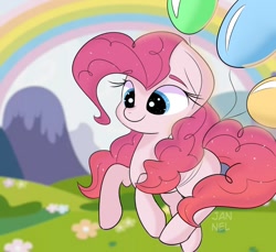 Size: 1080x991 | Tagged: safe, artist:janelearts, pinkie pie, earth pony, pony, balloon, big eyes, cute, diapinkes, flower, grass, mountain, rainbow, smiling, solo