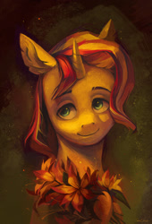 Size: 1000x1467 | Tagged: safe, artist:fauline, sunset shimmer, pony, unicorn, bouquet, flower, smiling, solo