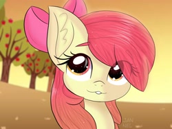 Size: 1600x1200 | Tagged: safe, artist:janelearts, apple bloom, earth pony, pony, adorabloom, apple, apple bloom's bow, apple tree, bow, bust, cute, eye clipping through hair, food, hair bow, looking up, portrait, solo, tree