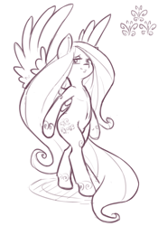 Size: 1280x1831 | Tagged: safe, artist:gela-g-i-s-gela, fluttershy, pegasus, pony, belly button, bipedal, monochrome, solo