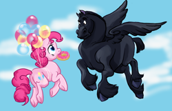 Size: 1374x886 | Tagged: safe, artist:bedupolker, pinkie pie, earth pony, pony, balloon, blackjack, crossover, donut, floating, flying, frown, heroes of olympus, looking at each other, mouth hold, percy jackson and the olympians, smiling, spread wings, then watch her balloons lift her up to the sky, underhoof, unshorn fetlocks