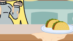 Size: 1280x720 | Tagged: safe, artist:khuzang, derpy hooves, sonata dusk, human, equestria girls, animated, clothes, curtain, derpydusk, female, food, hand on hip, humanized, kitchen, muffin story, plate, smiling, sonataco, sweater, taco, window
