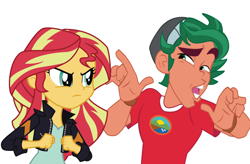 Size: 1644x1078 | Tagged: safe, edit, edited screencap, screencap, sunset shimmer, timber spruce, equestria girls, legend of everfree, angry, simple background, teasing, throw down, white background