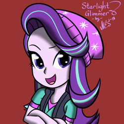 Size: 800x800 | Tagged: safe, artist:nesdoesart, starlight glimmer, equestria girls, mirror magic, spoiler:eqg specials, beanie, clothes, crossed arms, female, hat, looking at you, open mouth, red background, signature, simple background, solo, vest