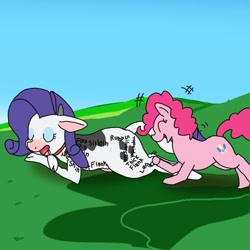 Size: 600x600 | Tagged: safe, artist:kushina13, pinkie pie, rarity, cow, earth pony, pony, anatomy, body writing, drool, eyes closed, female, implied cannibalism, mare, raricow, sleeping, species swap, udder