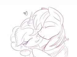 Size: 1600x1200 | Tagged: safe, artist:janelearts, big macintosh, sugar belle, earth pony, pony, unicorn, eyes closed, female, heart, hug, lineart, love, male, monochrome, shipping, sketch, smiling, straight, sugarmac