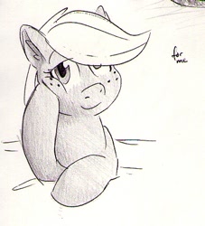 Size: 406x447 | Tagged: safe, artist:goat train, applejack, earth pony, pony, bedroom eyes, grayscale, monochrome, solo