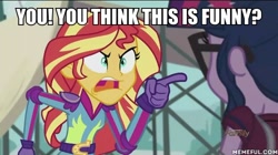 Size: 600x337 | Tagged: safe, edit, edited screencap, screencap, sci-twi, sunset shimmer, twilight sparkle, equestria girls, friendship games, angry, image macro, meme, spongebob squarepants, sunset yells at twilight, the algae's always greener