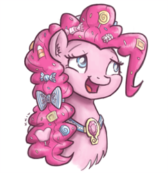 Size: 777x800 | Tagged: safe, artist:king-kakapo, pinkie pie, earth pony, pony, alternate hairstyle, bow, bust, candy, chest fluff, element of laughter, fluffy, head, portrait, solo