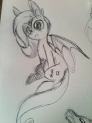 Size: 960x1280 | Tagged: safe, artist:spanish-scoot, fluttershy, bat pony, pony, bats!, flutterbat, monochrome, race swap, solo, traditional art