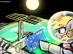 Size: 960x720 | Tagged: safe, artist:lumineko, derpy hooves, pegasus, pony, 30 minute art challenge, :t, astronaut, circuit board, earth, eating, female, helmet, international space station, mare, moon, muffin, nasa, pcb, solo, space, space station, spacesuit, spacex