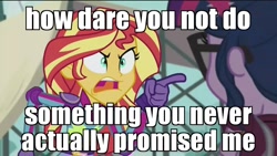 Size: 960x540 | Tagged: safe, edit, edited screencap, screencap, sci-twi, sunset shimmer, twilight sparkle, equestria girls, friendship games, angry, discovery family logo, exploitable meme, image macro, meme, pointing, sunset yells at twilight