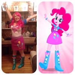 Size: 1252x1252 | Tagged: safe, pinkie pie, human, equestria girls, balloon, boots, bracelet, clothes, comparison, cosplay, costume, g.m. berrow, high heel boots, irl, irl human, jewelry, photo, skirt