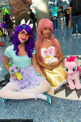 Size: 1365x2048 | Tagged: artist needed, safe, fluttershy, rarity, spike, human, build-a-bear, comikaze expo, comikaze expo 2013, cosplay, glasses, irl, irl human, photo, plushie, spike plushie