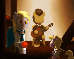 Size: 1350x1080 | Tagged: safe, artist:firefoxproject, derpy hooves, dinky hooves, doctor whooves, pegasus, pony, apple, bioshock infinite, booker dewitt, crossover, elizabeth, elizabeth comstock, female, guitar, mare