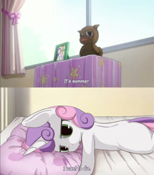 Size: 846x960 | Tagged: safe, artist:mcsadat, rarity, sweetie belle, pony, unicorn, a channel, anime, bed, blanket, comic, curtains, depression, dialogue, female, filly, i want to die, lying down, open mouth, parody, pillow, pixiv, prone, solo, subtitles, summer, window