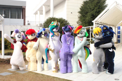 Size: 1000x666 | Tagged: safe, apple bloom, derpy hooves, dj pon-3, princess celestia, princess luna, rainbow dash, sweetie belle, twilight sparkle, vinyl scratch, pegasus, pony, female, fursuit, group photo, hug, irl, japan, mare, photo