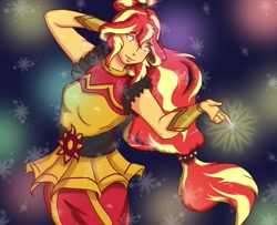 Size: 2479x2011 | Tagged: safe, artist:kenishra, sunset shimmer, dance magic, equestria girls, spoiler:eqg specials, alternate hairstyle, breasts, clothes, dancing, dress, female, smiling, solo