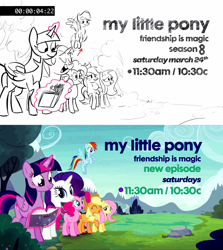 Size: 2048x2299 | Tagged: artist needed, safe, derpibooru import, applejack, fluttershy, pinkie pie, rainbow dash, rarity, twilight sparkle, twilight sparkle (alicorn), alicorn, earth pony, pegasus, pony, unicorn, season 8, spoiler:s08, animatic, comparison, discovery family, mane six, preview, storyboard