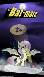 Size: 679x1177 | Tagged: safe, artist:anightlypony, fluttershy, bat pony, bird, pony, bats!, batman, crossover, flutterbat, moon, night, race swap, solo