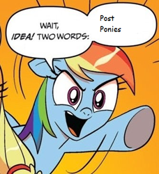 Size: 334x366 | Tagged: safe, derpibooru import, idw, applejack, rainbow dash, earth pony, pegasus, pony, blonde mane, blue coat, blue wings, comic, dialogue, exploitable, female, mare, meme, mods are asleep, multicolored hair, open mouth, orange background, raised hoof, raised leg, simple background, smiling, speech bubble, two words meme, underhoof, wings