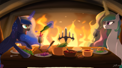 Size: 1920x1080 | Tagged: safe, artist:lunarcakez, princess celestia, princess luna, alicorn, pony, :t, alcohol, alfalfa, bread, candle, cheese, cup, dinner, eating, excited, fireplace, food, grapes, happy, levitation, magic, messy eating, open mouth, puffy cheeks, smiling, table, telekinesis, tongue out, wine