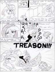 Size: 918x1197 | Tagged: safe, artist:joelashimself, fluttershy, princess celestia, princess luna, twilight sparkle, alicorn, pegasus, pony, comic, glowing eyes, monochrome, the forgotten element, traditional royal canterlot voice