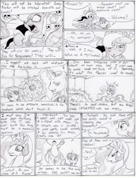 Size: 918x1197 | Tagged: safe, artist:joelashimself, princess celestia, princess luna, twilight sparkle, oc, alicorn, pony, comic, monochrome, the forgotten element, traditional royal canterlot voice