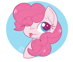 Size: 1400x1200 | Tagged: safe, artist:janelearts, pinkie pie, earth pony, pony, :p, abstract background, bust, circle background, cute, diapinkes, female, mare, one eye closed, portrait, simple background, solo, tongue out, white background, wink