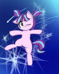 Size: 1200x1500 | Tagged: safe, artist:destroyer_aky, starlight glimmer, pony, unicorn, female, filly, filly starlight glimmer, one eye closed, pigtails, solo, solo female, wink, younger