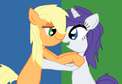 Size: 730x502 | Tagged: safe, applejack, rarity, earth pony, pony, unicorn, female, lesbian, rarijack, shipping