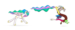 Size: 1024x410 | Tagged: safe, artist:sycotex-b, discord, princess celestia, alicorn, pony, angry, celestia is not amused, discord being discord, happy, modular, no tail, prank, running, simple background, tail, this will end in pain, this will end in petrification, this will end in tears and/or a journey to the moon, varying degrees of amusement