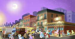 Size: 2327x1227 | Tagged: safe, artist:nekokevin, applejack, oc, earth pony, pegasus, pony, unicorn, city, cityscape, evening, manehattan, moon, scenery, stars, street, streetlight, vehicle