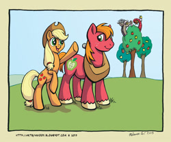 Size: 1001x827 | Tagged: safe, artist:raynesgem, applejack, big macintosh, discord, earth pony, pony, apple, male, siblings, stallion, tree