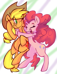 Size: 769x1000 | Tagged: safe, artist:wingogo, applejack, pinkie pie, earth pony, pony, duo, female, hug, mare