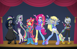 Size: 2085x1322 | Tagged: safe, artist:reitanna-seishin, apple bloom, derpy hooves, limestone pie, marble pie, pinkie pie, oc, oc:minkie pie, equestria girls, rainbow rocks, boots, equestria girls-ified, hair over one eye, ponied up, shoes