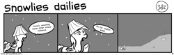 Size: 1280x404 | Tagged: safe, artist:tetrapony, derpy hooves, pegasus, pony, comic:the daily derp, comic, female, hat, lampshade, lampshade hat, mare, monochrome, snow, snowfall