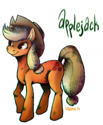 Size: 1280x1554 | Tagged: safe, artist:playfulvitamin, applejack, earth pony, pony, simple background, solo, text