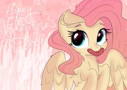 Size: 1446x1023 | Tagged: safe, artist:janelearts, fluttershy, pegasus, pony, cheek fluff, cute, ear fluff, female, heart, holiday, looking at you, mare, mouth hold, neck fluff, shyabetes, smiling, solo, spread wings, three quarter view, valentine's day, valentine's day card, wings