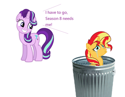 Size: 1060x828 | Tagged: safe, starlight glimmer, sunset shimmer, pony, unicorn, abuse, downvote bait, drama, female, mare, op is a cuck, op is trying to start shit, sad, shimmerbuse, simple background, sunset shimmer's trash can, trash can, white background, why