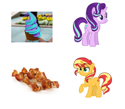 Size: 714x626 | Tagged: safe, starlight glimmer, sunset shimmer, pony, unicorn, bacon, food, ice cream, meat