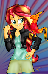 Size: 2900x4500 | Tagged: safe, artist:katakiuchi4u, sunset shimmer, phoenix, equestria girls, absurd resolution, clothes, female, jacket, leather jacket, pants, signature, solo