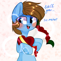 Size: 1000x1000 | Tagged: safe, artist:thieftea, oc, oc:dimi, earth pony, pony, blushing, bouquet, box of chocolates, flower, looking at you, solo, ych result