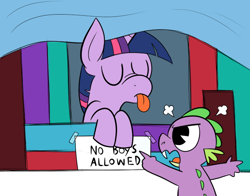 Size: 700x550 | Tagged: safe, artist:karpet-shark, derpibooru import, spike, twilight sparkle, dragon, :p, angry, book fort, eyes closed, filly, leaning, no boys allowed, nose wrinkle, pointing, tongue out, twily-daily