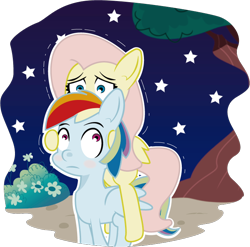 Size: 700x692 | Tagged: safe, artist:papaudopoulos69, derpibooru import, fluttershy, rainbow dash, pegasus, pony, duo, female, hiding, mare, night, scared, shaking, tree