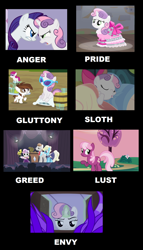 Size: 1226x2146 | Tagged: safe, cheerilee, pipsqueak, rarity, sweetie belle, earth pony, pony, unicorn, for whom the sweetie belle toils, hearts and hooves day (episode), sisterhooves social, somepony to watch over me, twilight time, angry, bickering sisters, clothes, colt, dress, evil smirk, female, filly, foal, glowing horn, hair bow, impersonating, jealous, looking at each other, magic, male, mare, narrowed eyes, performance, rarity is not amused, sabotage, serving tray, seven deadly sins, siblings, sin of envy, sin of gluttony, sin of greed, sin of lust, sin of pride, sin of sloth, sin of wrath, sisters, sleeping, sunglasses, sweetie belle is not amused, trophy, unamused